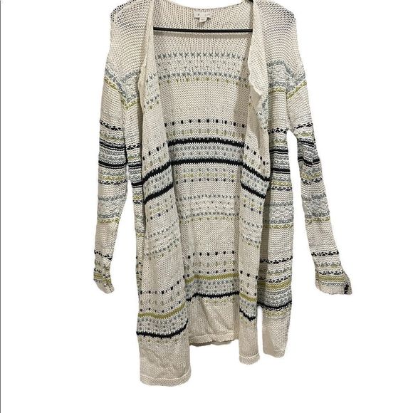 J. Jill White Blue Green Striped Long Sleeve Long Line Knit Crochet Cardigan Top - Picture 3 of 7